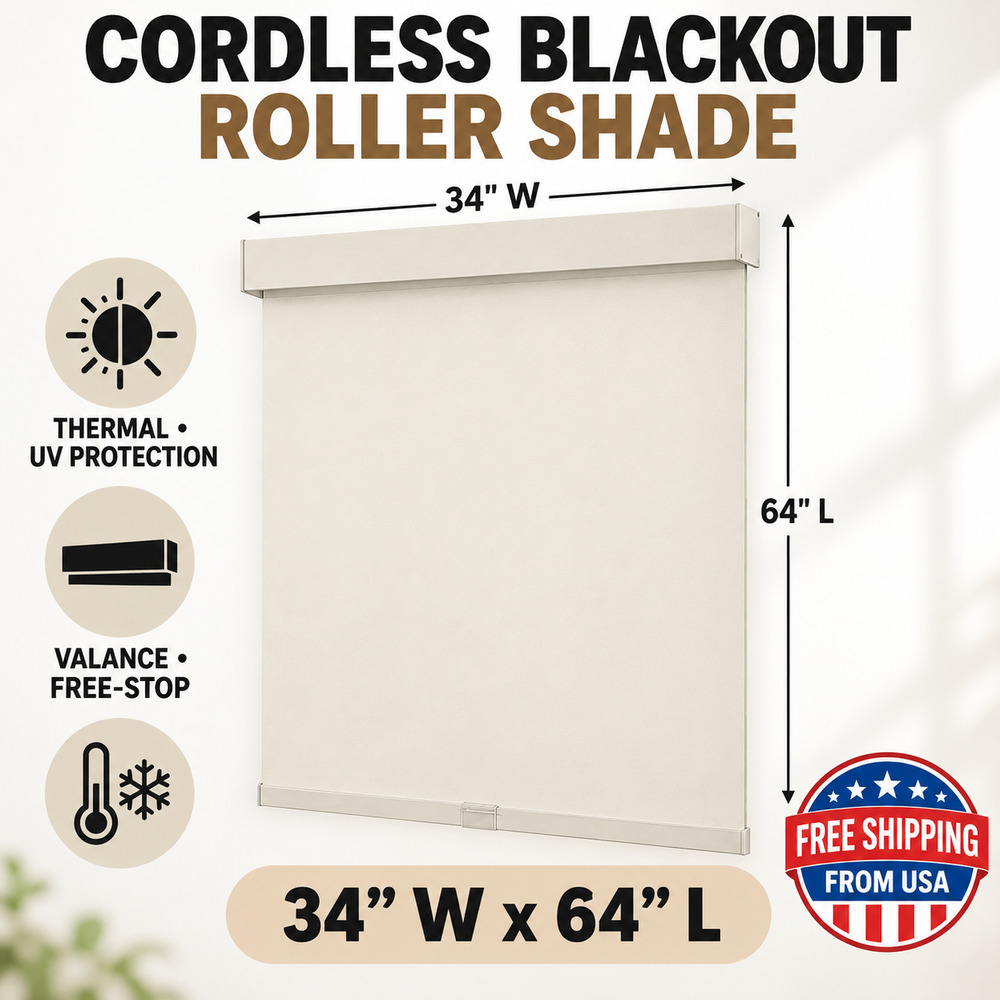 Cordless Blackout Roller Shades, Thermal UV, Valance, Free-Stop, 34”x64”, Beige